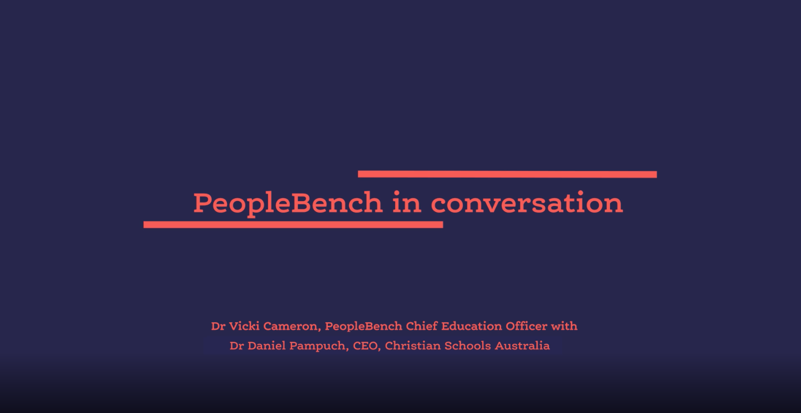 Image is plain blue background with words "PeopleBench in Conversation" in pink.