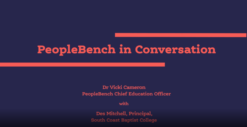 Image with navy blue background and pink words "PeopleBench in Conversation"